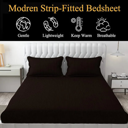 Fresh From Loom 240 TC Satin Striped Elastic Fitted Bed Sheets King Size Bed with Two Pillow Cover Multicolor Dark Coffee