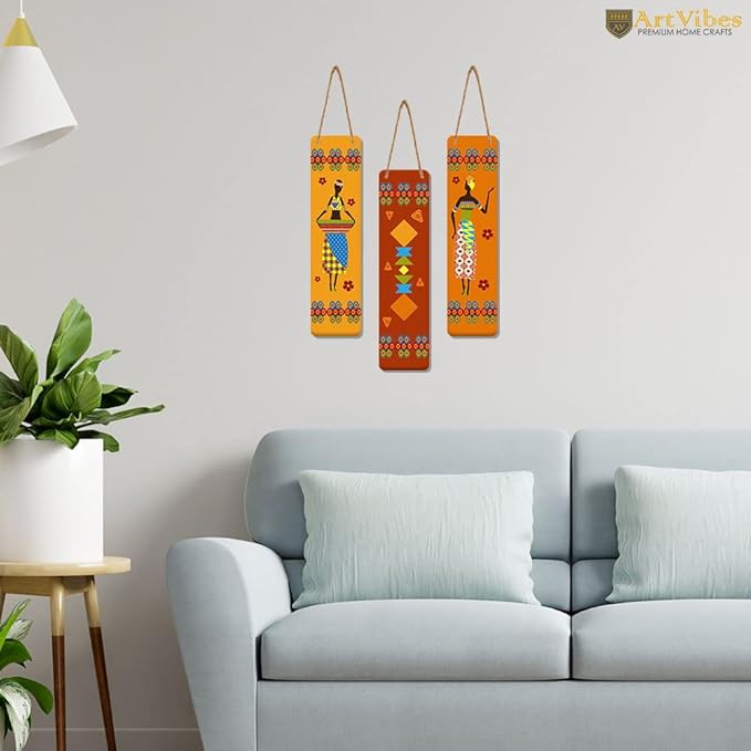 Artvibes African Warli Art Designer Wooden Wall Hanging Decoration Items for Home | Set of 3