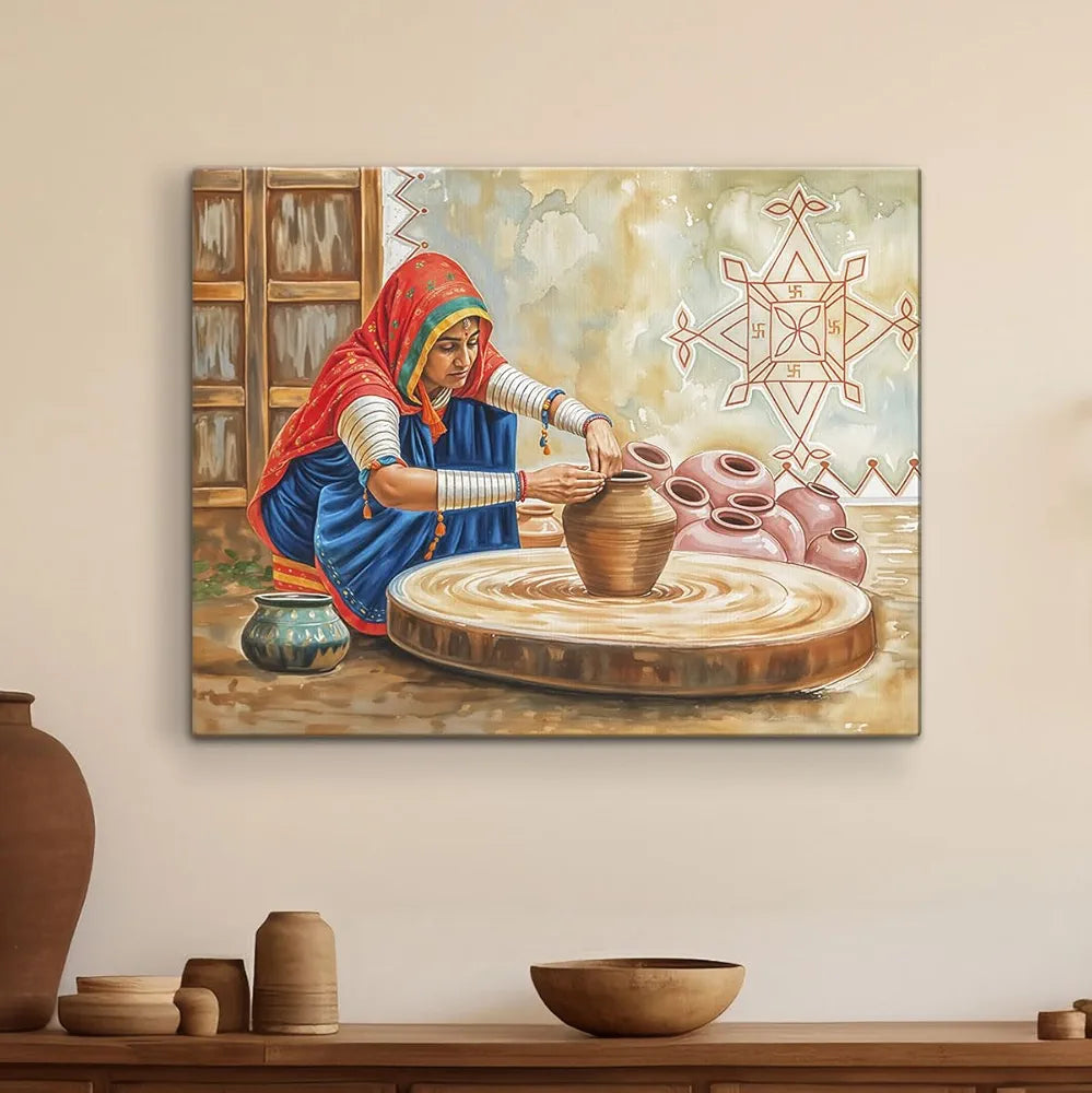 ArtX Paper Woman Making Pots AXDMD-0102-VIL Indian Village Scene Nature Wall Art Painting
