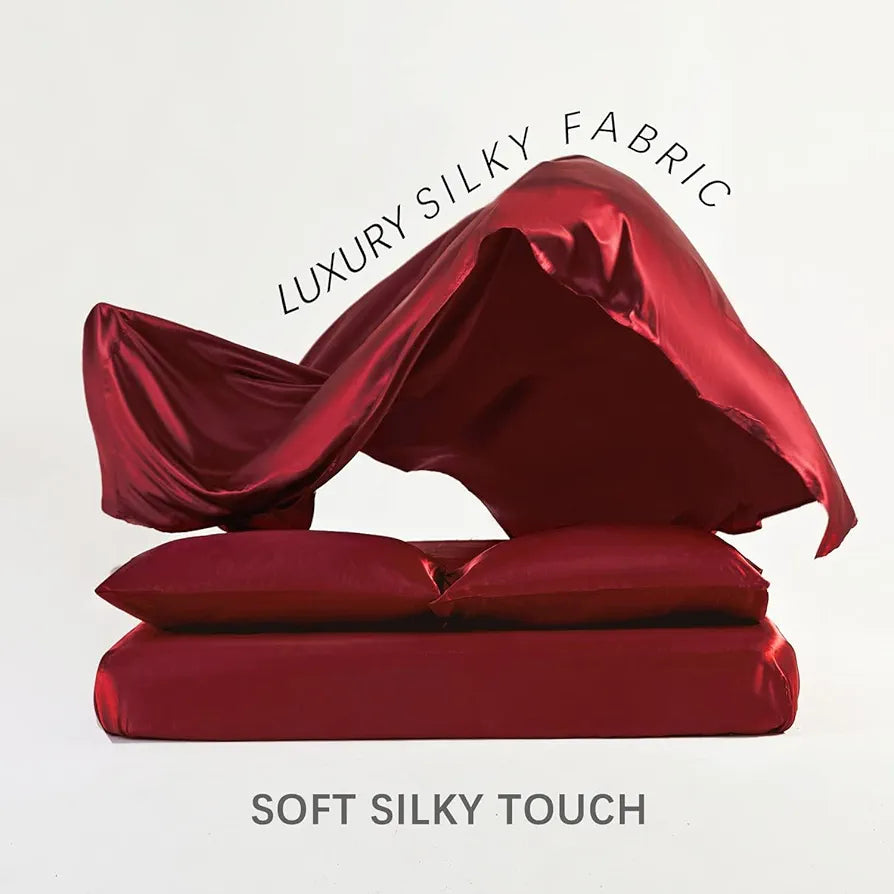 Cloth Fusion Satin Bedsheet for Queen Size Bed Set of 1 Satin Sheet 2 Pillow Covers H603 115 TC Crimson Red