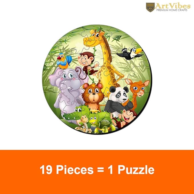 Artvibes Wooden Premium Wild Funny Animal Puzzles for Kids Age 2 and 3 | 19 Piece Puzzles | Fun Learning Brain Booster for Little Champions