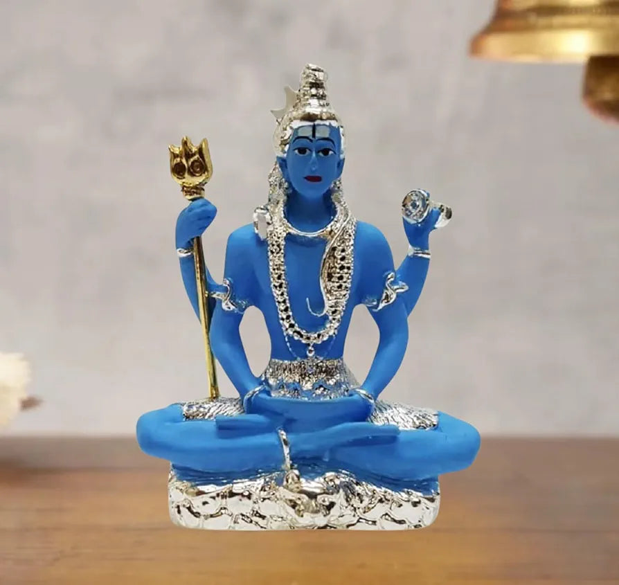 Gold Art India Resin 999 Silver Plated Blue Shiva Idol Blue