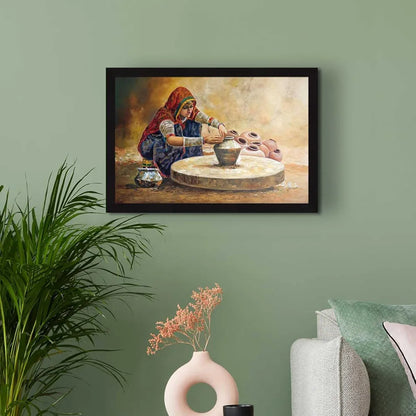 ArtX Paper Rajasthani Village Women Framed Wall Art Painting