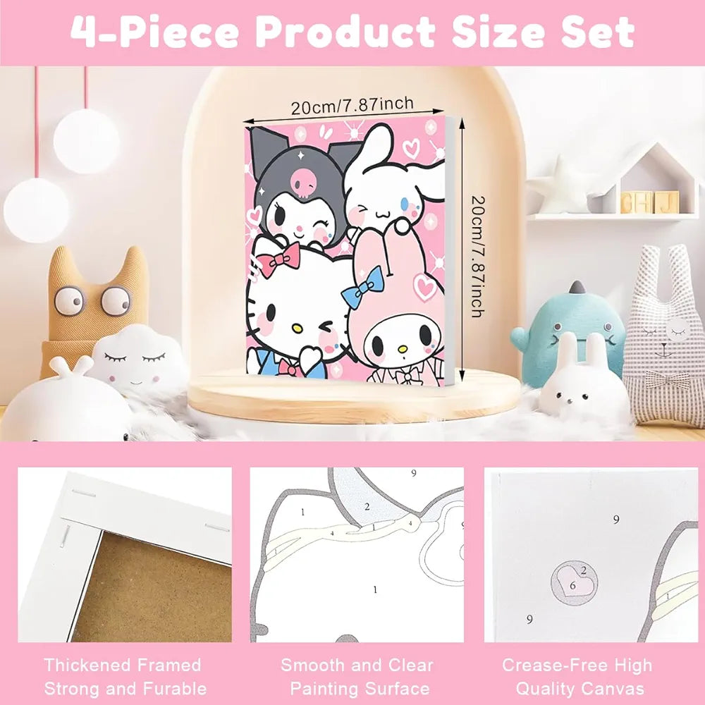 HASTHIP® 4Pcs DIY Oil Painting Paint by Numbers Kits 7.8 Inches Cartoon Sanrio Anime Framed Canvas Oil Set with Brush & Featuring Vibrant Pigments for Kids & Adult Beginners Gifting & Wall Decor