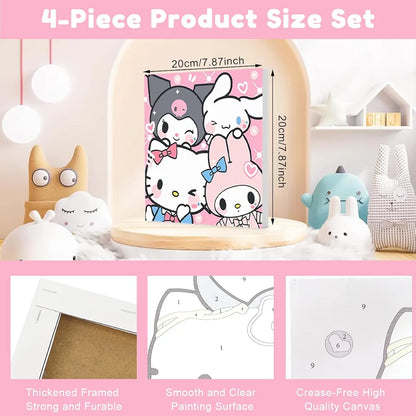HASTHIP® 4Pcs DIY Oil Painting Paint by Numbers Kits 7.8 Inches Cartoon Sanrio Anime Framed Canvas Oil Set with Brush & Featuring Vibrant Pigments for Kids & Adult Beginners Gifting & Wall Decor