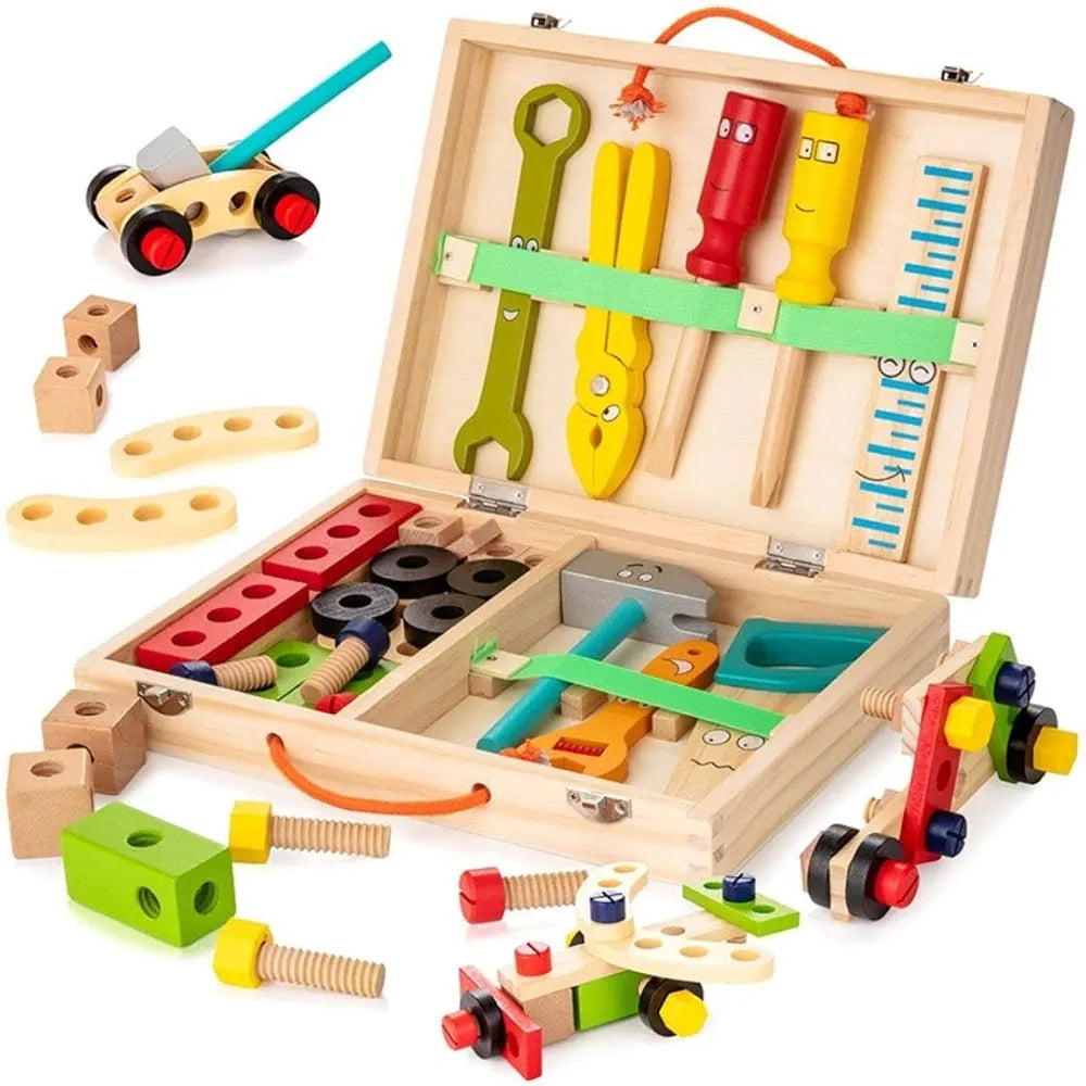NESTA TOYS - Wooden Tool Kit Set with Tool Box | Pretend Play Portable Construction Tools Kit Toys for Kids | 33 Piece 