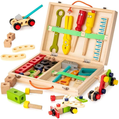 NESTA TOYS - Wooden Tool Kit Set with Tool Box | Pretend Play Portable Construction Tools Kit Toys for Kids | 33 Piece 