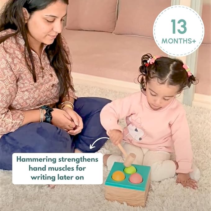 Curious Cub Wooden Hammer Ball Knock | Pounding Bench With Box Case | Early Educational Montessori Toy Set for Kids