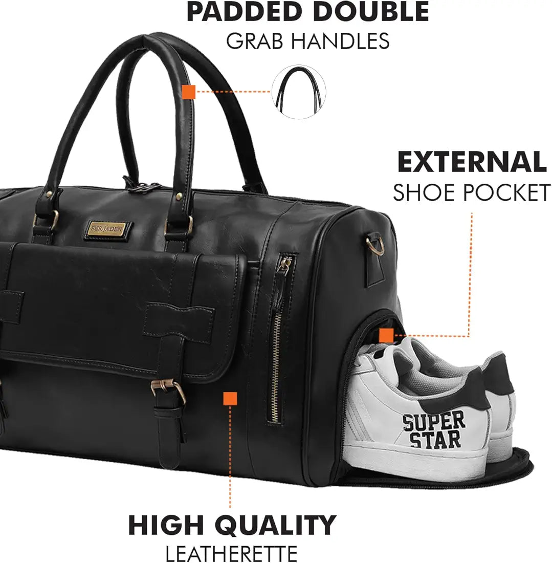 Fur Jaden Weekender Premium Duffle Bag with Shoe Pocket for Travel for Men and Women Made of Faux Leather with Attachable Shoulder Strap Cabin Holiday Bag 