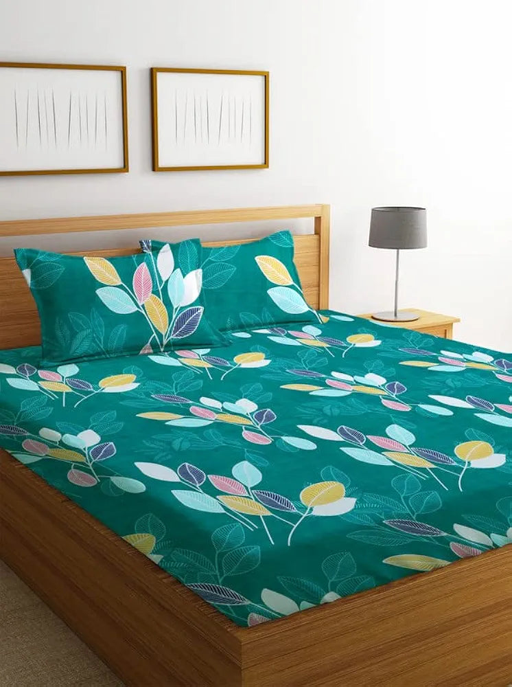 BSB Home Prime Collections 160tc Pure Microfiber Glace Cotton Double Bedsheet with 2 King Size Pillow Covers-Green and Blue