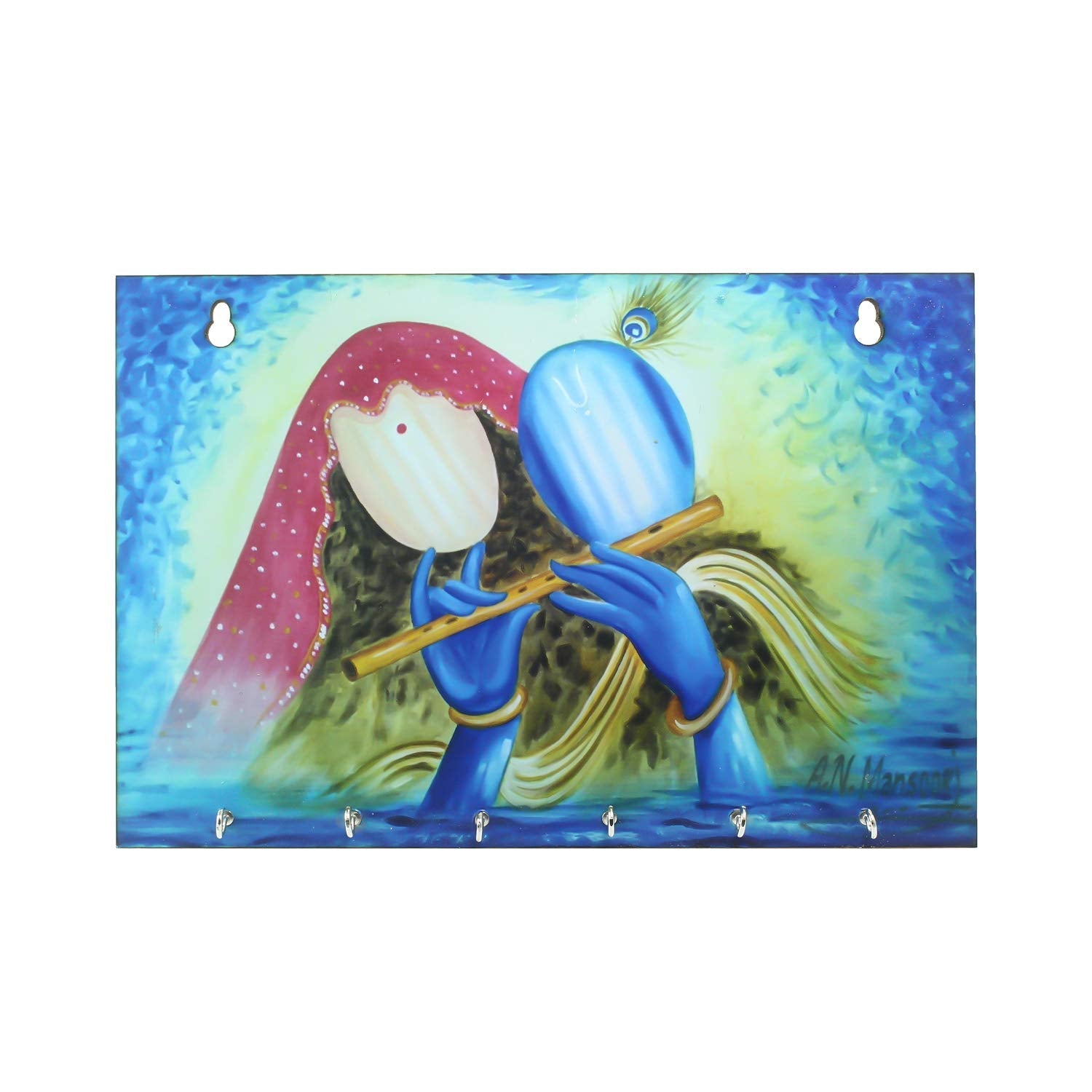 Ecraftindia Radhe Krishna Theme Wooden Key Holder With 6 Hooks