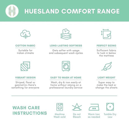Huesland by Ahmedabad Cotton 144 TC Cotton King Size Bedsheet with 2 Pillow Covers - Light Grey, Blue & Green