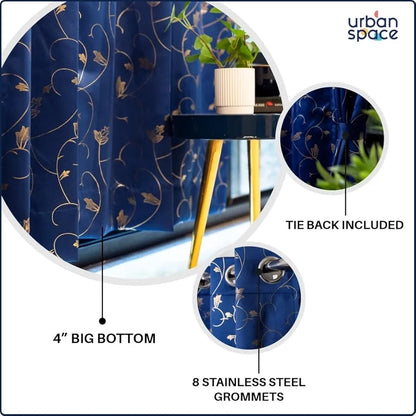 Urban Space Pure Blackout Opaque Curtains For Living Room, Gold Foil Printed Luxurious Blackout Opaque Curtains Eyelet With Tieback, 1 Piece Pack, Vine Navy Blue