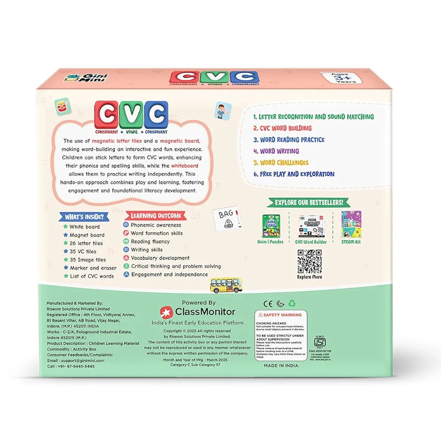 GiniMini CVC Word Builder - Letter Tiles & Whiteboard - Learn to Read, Write & Build CVC Words - Educational Toy for Kids 3 4 5 6 Years