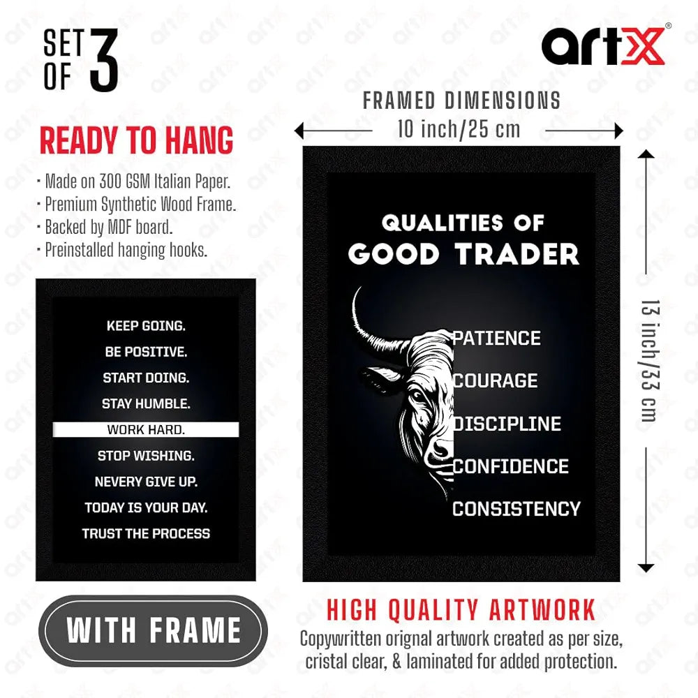 ArtX Paper Stock Market Trading Motivational Quotes Wall Frames Set of 3