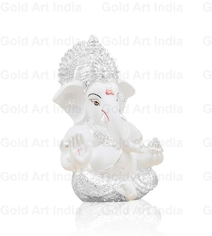 Gold Art India Silver Finish Ganesh Idol For Car Dashboard Ganesha Murti For Home Decor
