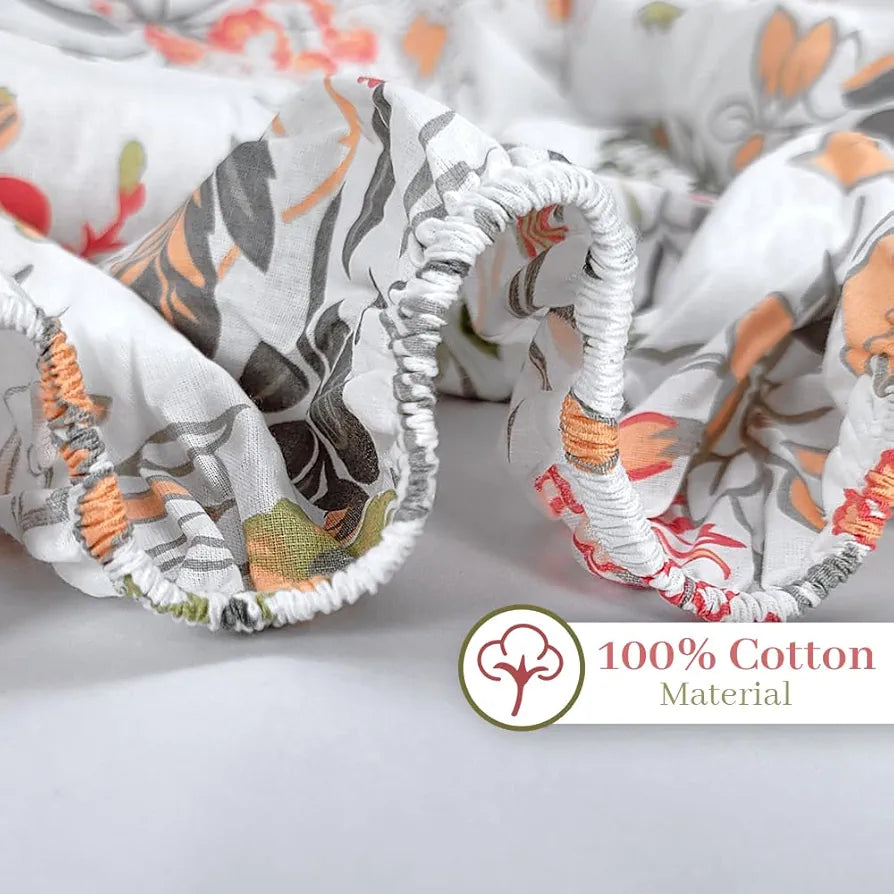Divine Casa 144 TC 100% Cotton Floral Print Super Soft Fitted Bedsheet for Double Bed Peach Color