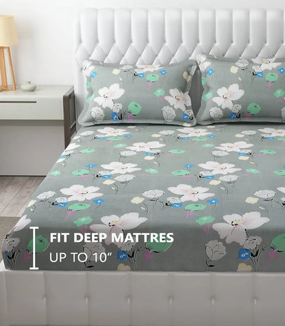 Fresh From Loom King Size Bed With Two Pillow Cover Soft Glace Cotton Fitted Bedsheet Elastic Fitted Bed Sheets 144 TC Leaf Grey