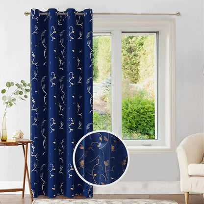 Urban Space Pure Blackout Opaque Curtains For Living Room, Gold Foil Printed Luxurious Blackout Opaque Curtains Eyelet With Tieback, 1 Piece Pack, Vine Navy Blue