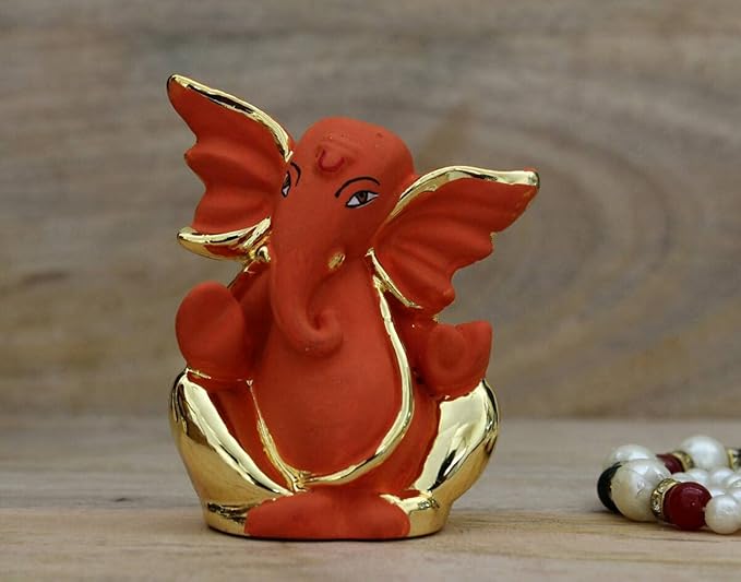 Indicast Resin God Ganpati Gold Plated Ganesha Idol for Car Dashoboard & Home and Office Decor