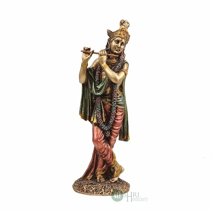 Indicast 10" Inch Cold Cast Resin Krishna Showpiece Antique Decor Thakur Ji for Gifting Purpose