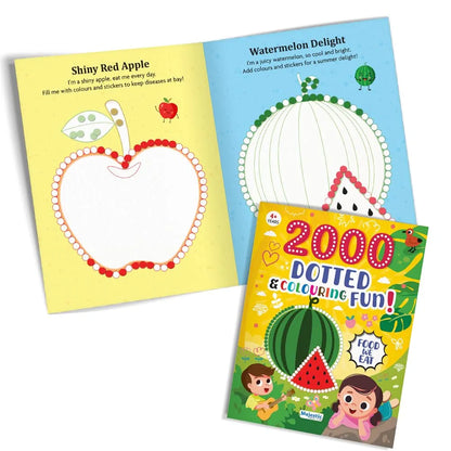 2000 Dotted Colouring Fun I Food We Eat Colouring Sticker Book for Kids Age 4+ I Packed with 2000 Stickers I 16 Pages + 4 Sticker Sheets I Fun Preschool Activity Book by Majestic Book Club