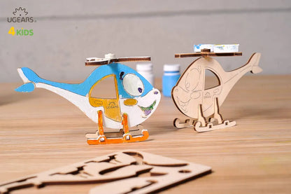 UGEARS Helicopter - 3D Wooden Jigsaw Puzzle - Coloring Kit - STEAM Learning Brain Game for Kids, Ages 5+, 8 Pieces