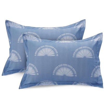 Huesland by Ahmedabad Cotton 144 TC Bedsheet for King Size Bed with 2 Pillow Covers | Sunrise | White & Powder Blue