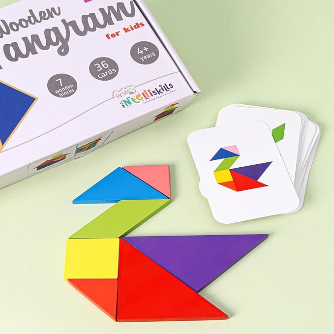 Firstcry Intelliskills Intelliskills 43 Pieces Wooden Tangram Puzzle | 7 Blocks With 36 Activity Cards Montessori Educational Gift for Kids