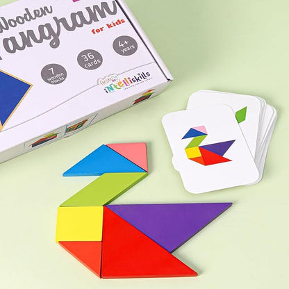 Firstcry Intelliskills Intelliskills 43 Pieces Wooden Tangram Puzzle | 7 Blocks With 36 Activity Cards Montessori Educational Gift for Kids