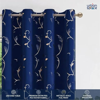 Urban Space Pure Blackout Opaque Curtains For Living Room, Gold Foil Printed Luxurious Blackout Opaque Curtains Eyelet With Tieback, 1 Piece Pack, Vine Navy Blue