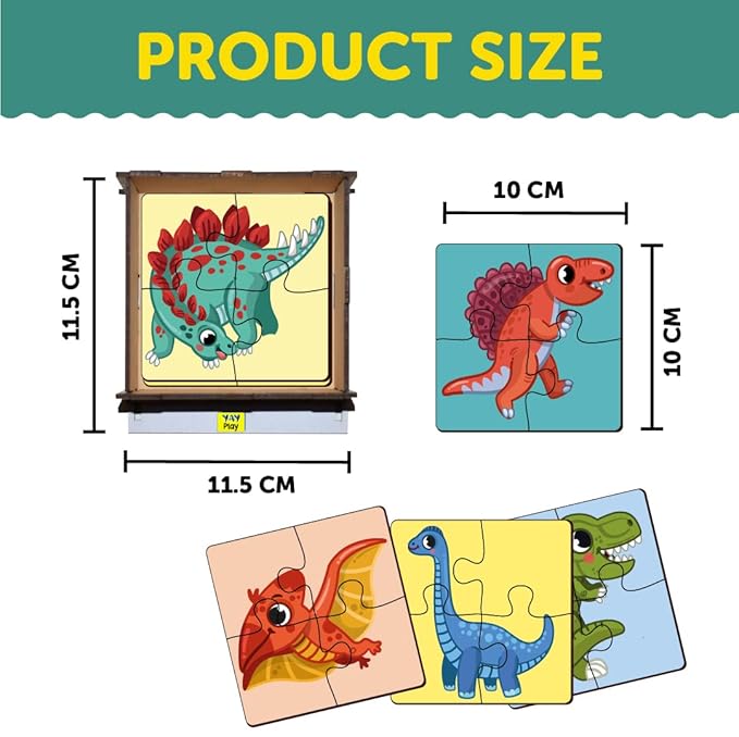 Mini Leaves 4 Pieces Wooden Puzzle for Kids | Set of 6 Dinosaurs Jigsaw Puzzle | Educational Puzzle Game With Wooden Box