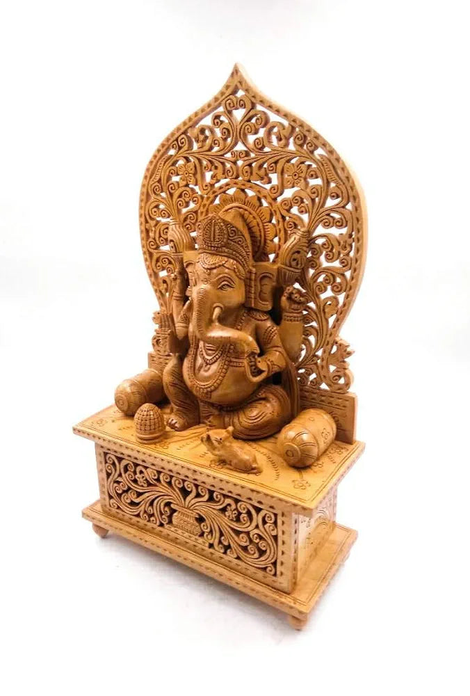 Shri Handicrafts Wood Lord Ganesha Sitting on Mehrav Standard Brown