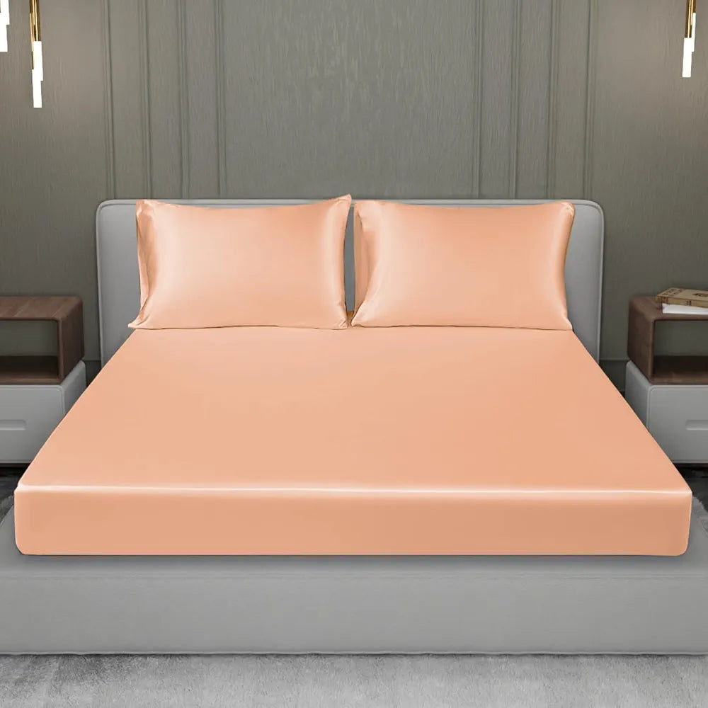 Cloth Fusion Satin Elastic Fitted Bedsheet for Double Bed King Size with 2 Pillow Covers H603 280 TC Peach