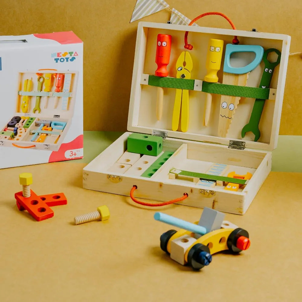 NESTA TOYS - Wooden Tool Kit Set with Tool Box | Pretend Play Portable Construction Tools Kit Toys for Kids | 33 Piece 