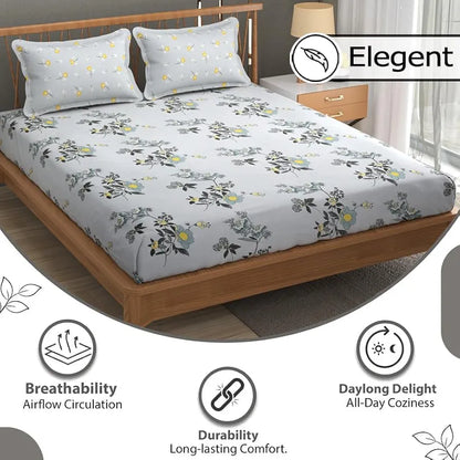 Fresh From Loom Floral XXL King Size Bedsheet for Double Bed 240 TC Hypoallergenic Soft Bed Sheet with 2 Pillow Cover Grey Sunflower