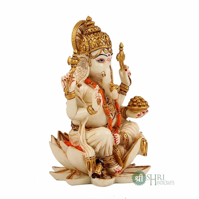 Indicast Resin 8" Inch Lord Ganesha on Base Gold Painting Surya Hindu God Ganesh Ganpati Idol Figurine | Home Decoration and Pooja Gifting