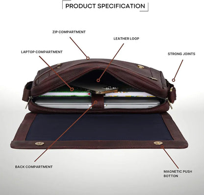 WildHorn Leather Messenger Bag for Men/Office Bag for Men I Padded Laptop Compartment with Adjustable Strap I DIMENSION : L-15 inch W-3 inch H-12 inch