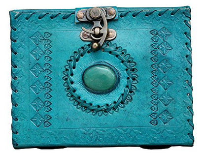 Craftshades – Metal Lock Single Stone Aqua Blue Embossed Design 7″5 Handcrafted Leather Journal/Diary 200 page | 100% Genuine Leather