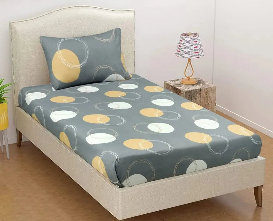 BSB HOME Premium Forever Modern Style Glace Cotton Floral Pattern 1 Single Size Bed bedsheet and 1 Pillow Cover Grey White & Yellow
