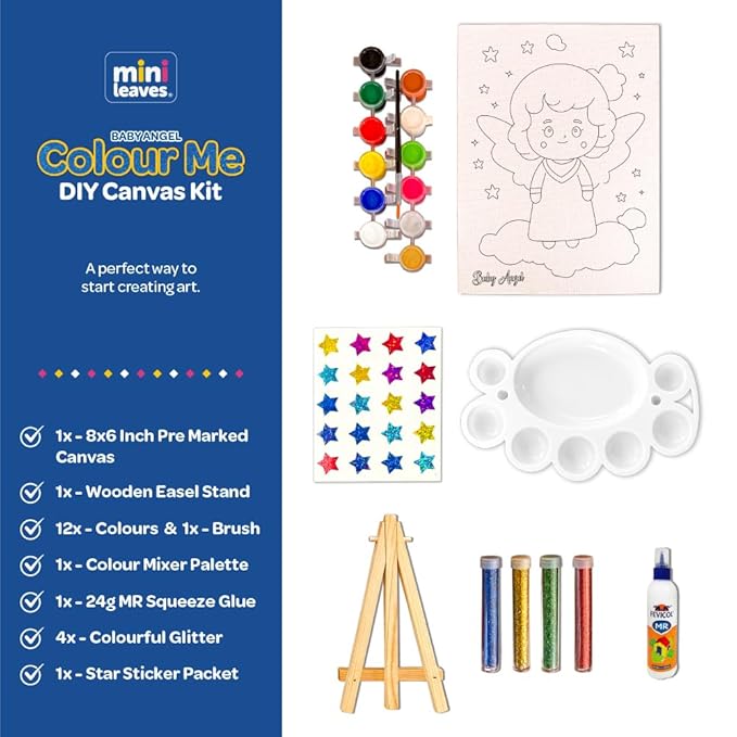Mini Leaves Colour Me Baby Princess Diy Canvas Art Kit With Wooden Easel | Beginner Diy Canvas Kit for Kids | Single Piece