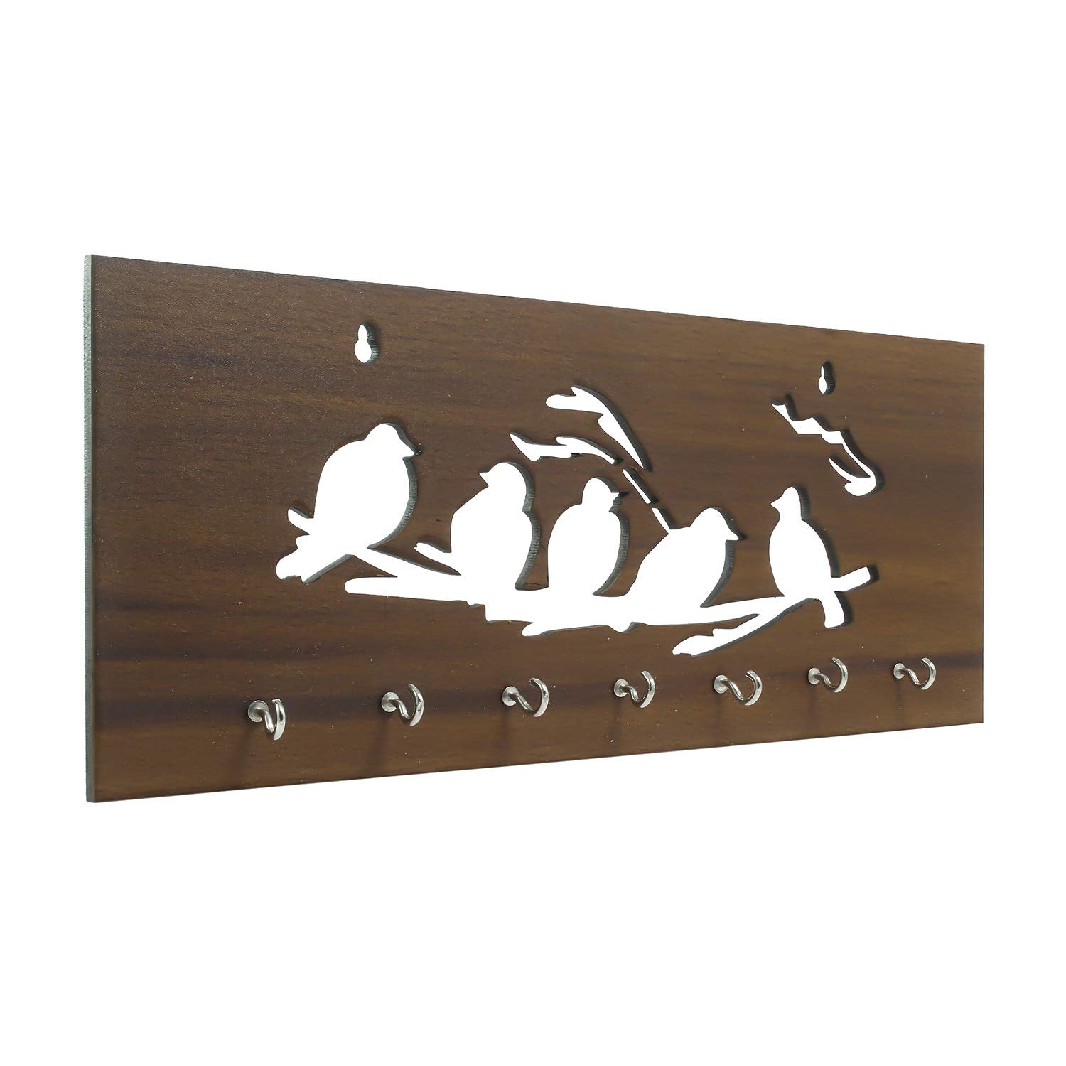 Ecraftindia Brown Birds Sitting on Branches Theme Wooden Key Holder With 7 Hooks