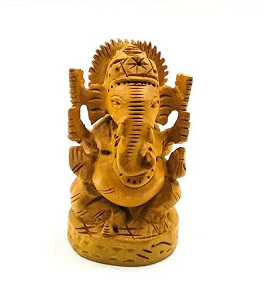 Shri Handicrafts 3" Hand Carved Lord Ganesha Wooden Idol Sculpture Home Decorative Figurine