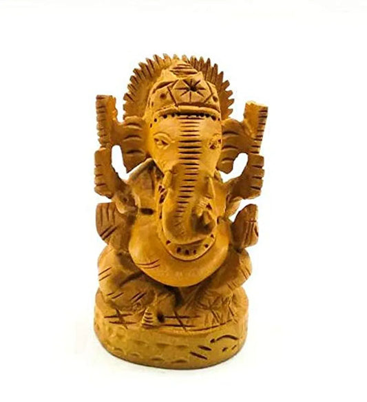 Shri Handicrafts 3" Hand Carved Lord Ganesha Wooden Idol Sculpture Home Decorative Figurine