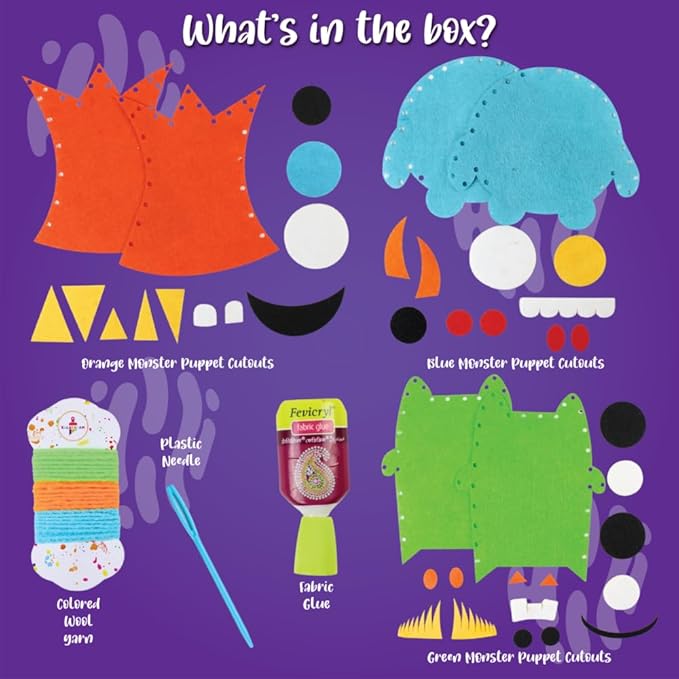 Kalakaram Monster Puppets Making Art and Craft Kit | Make 3 Cut and Paste Jumbo Puppets | Fun and Learning for Kids