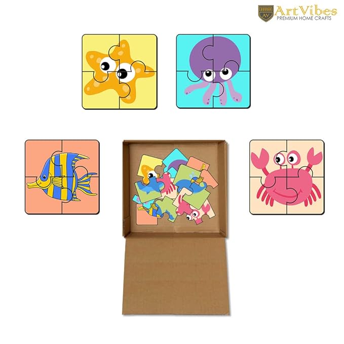 Artvibes Sea Animals Jigsaw Puzzle Games for Children & Kids Age 2-5 | Toddler's Wooden 4 Pieces Puzzle | Set of 6