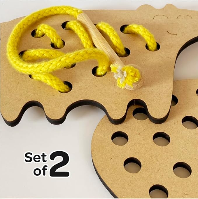 Mini Leaves Lacing Activity for Kids | Wooden Lacing Toys for Toddlers | Fine Motor Skill Toys | Pack of 2 | Bear and Mouse