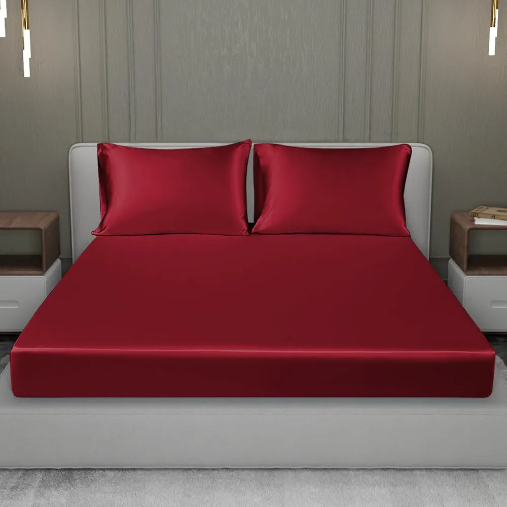 Cloth Fusion Satin Elastic Fitted Bedsheet for Double Bed King Size with 2 Pillow Covers H603 280 TC Crimson Red
