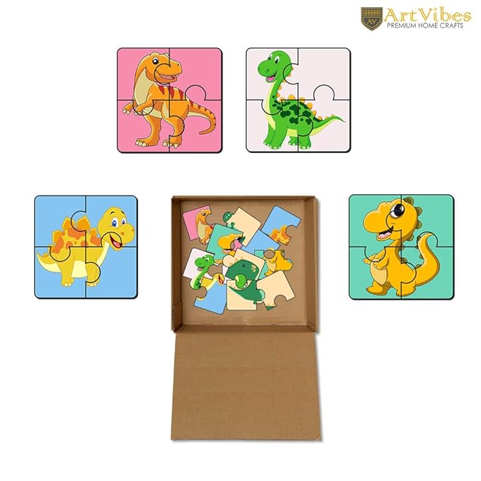 Artvibes Dinosaurs Wooden Jigsaw Puzzle Games for Children & Kids Age 2-5 | Toddler's Wooden 4 Pieces Puzzle | Set of 6