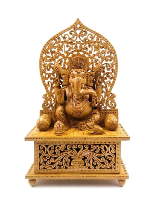 Shri Handicrafts Wood Lord Ganesha Sitting on Mehrav Standard Brown